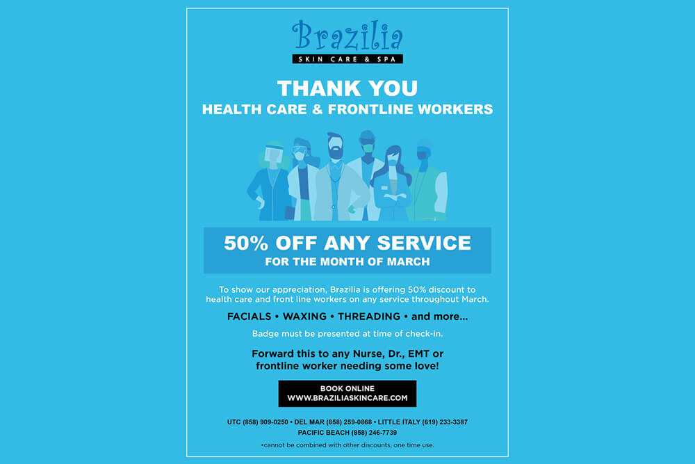 As a thank you to health care & frontline workers, 50% off for the month of March, 2020