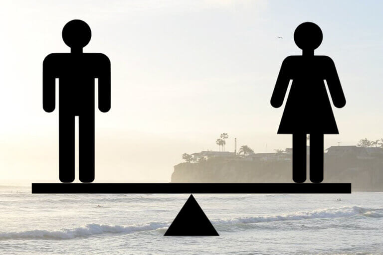 Male and female figures on opposite ends of a balanced scale